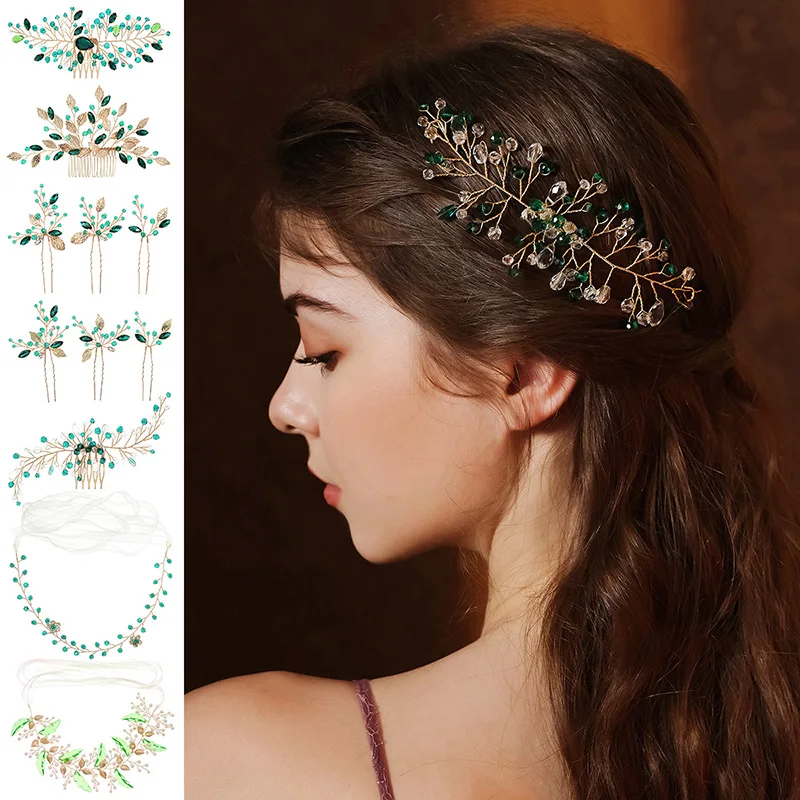 Latest Green Hair Accessories Luxury Pearl Crystal Hair Bands Handmade Hair Combs Hairpins Holiday Party Hair Jewelry