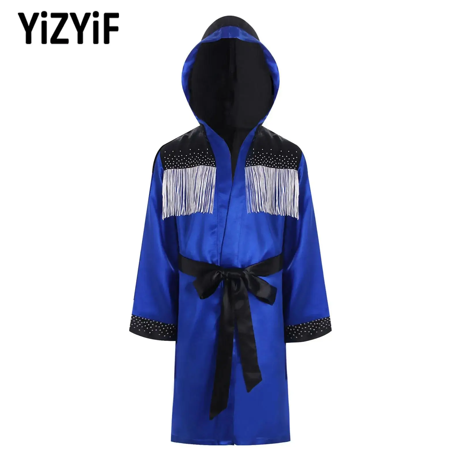 Unisex Boys Girls Sportswear Boxing Outfits Tassel Satin Hooded Robe with Belt Competition Carnival Halloween Cosplay Clothing