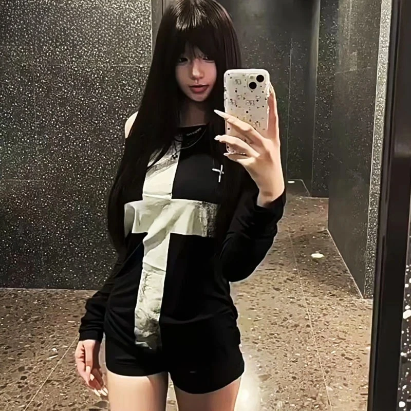 

2026 Женские топы с длинными рукавами Blck Goth, осенне-весенние футболки с тонким принтом и крестом, графические футболки, женская одежда, шикарный топ Y2k