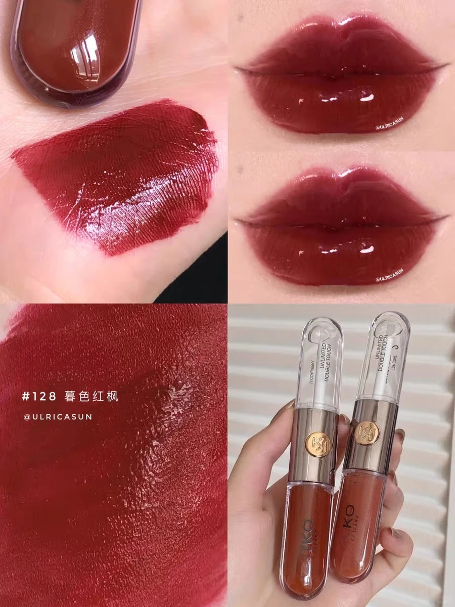 @// حار برأسين أحمر الشفاه مرآة شفافة ملمع الشفاه غير يتلاشى النفط مثير غني ملمع الشفاه الحليب الشاي الفول لصق عارية ماكياج #1