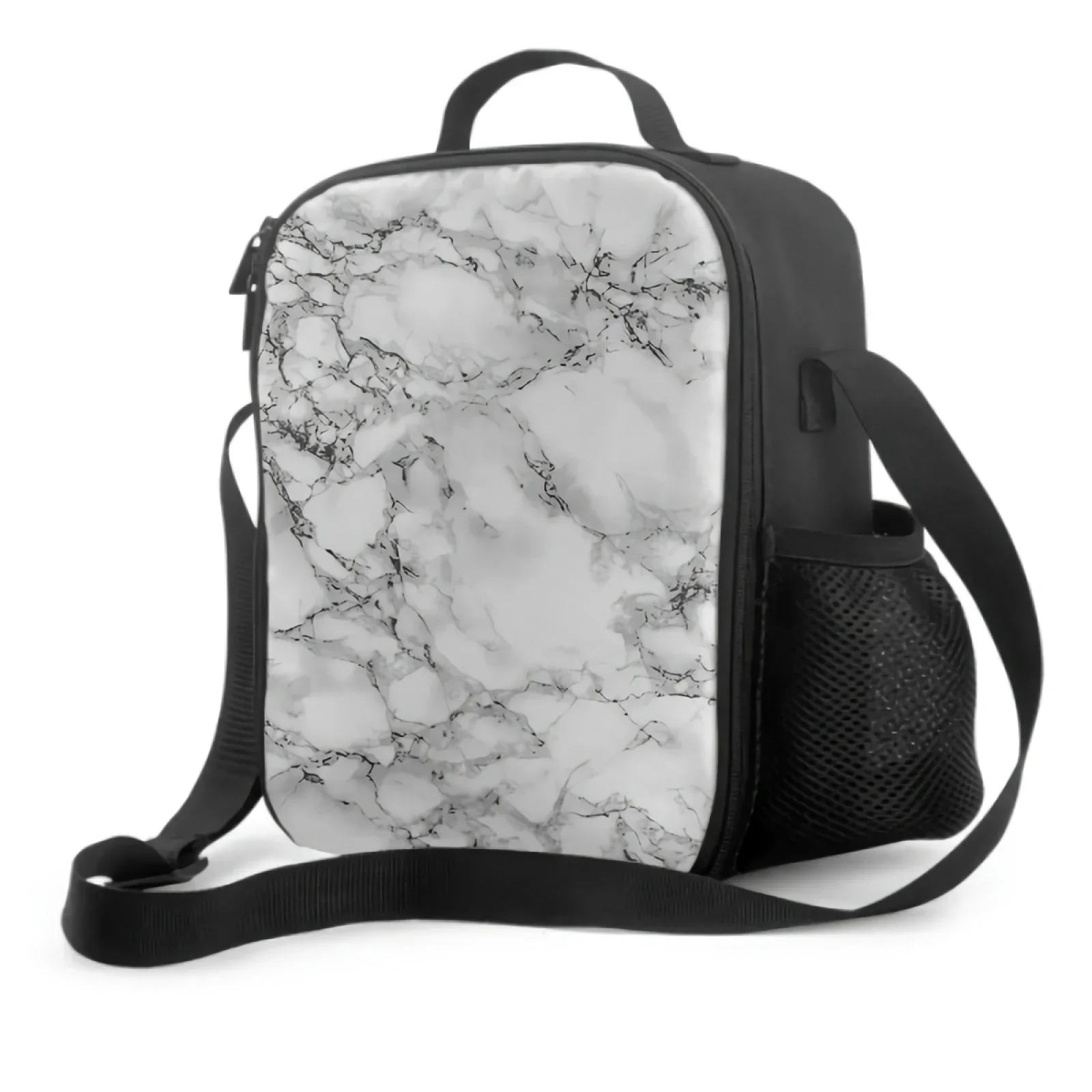 Witte marmeren print met zwarte textuur Thermische lunchtas voor kinderen Jongens Meisjes Wasbare draagtas Lunchcontainer voor werk Schoolreizen