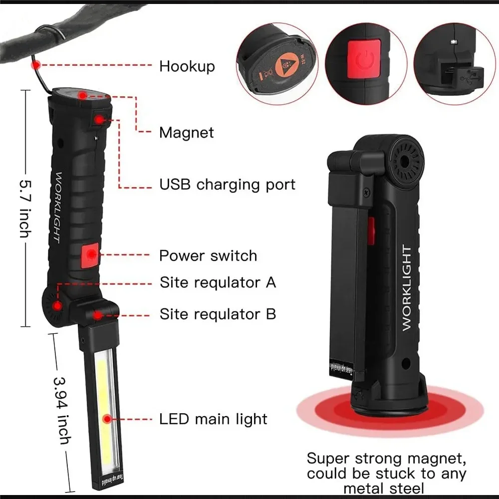 New Portable COB LED Flashlight USB Rechargeable Work Light Magnetic Lanterna Hanging Lamp with Built-in Battery Camping Torch