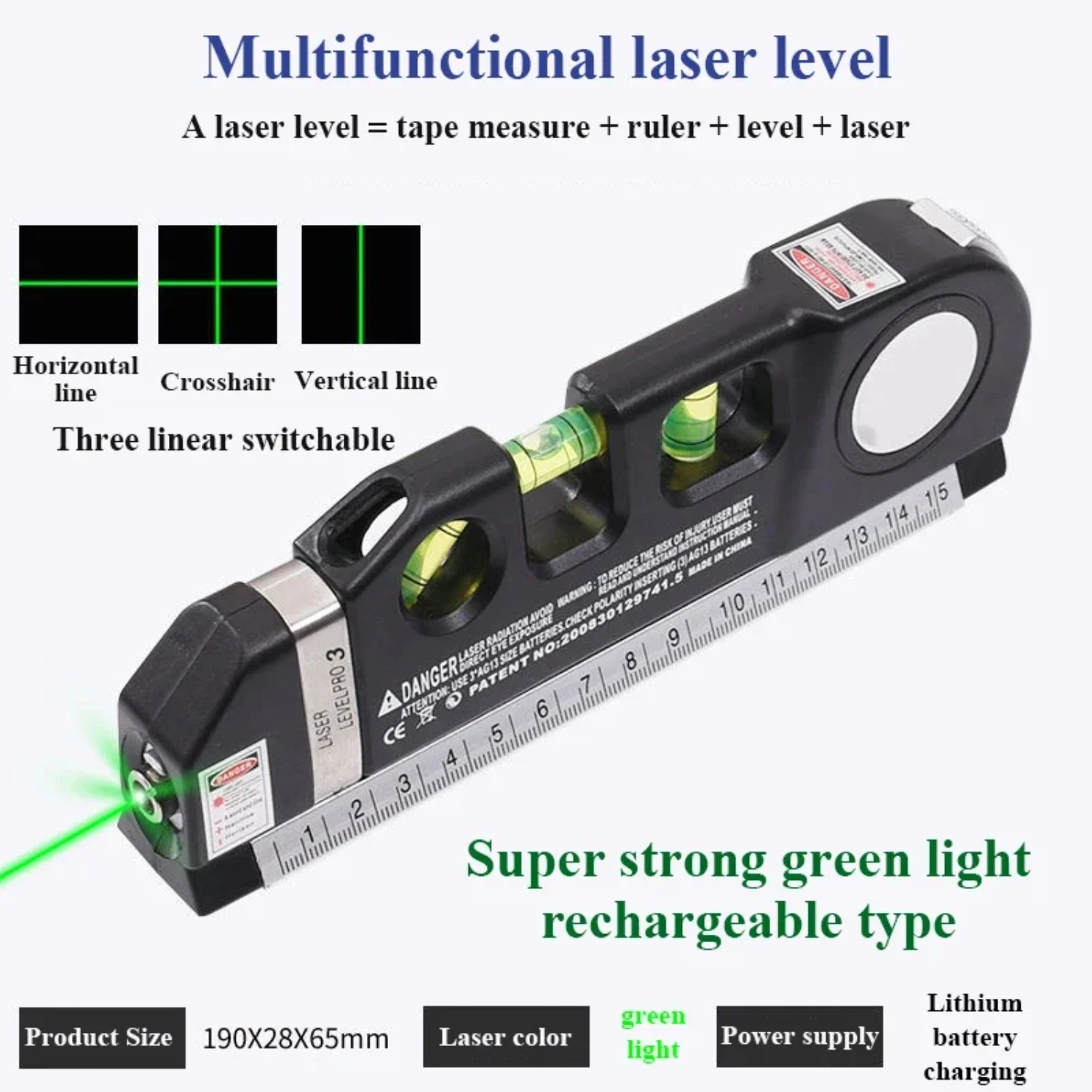 Green light Laser Level Vertical Horizontal 2 Lines Lasers Ruler Measure Tape Aligner Bubbles Black Balance Horizontal Ruler