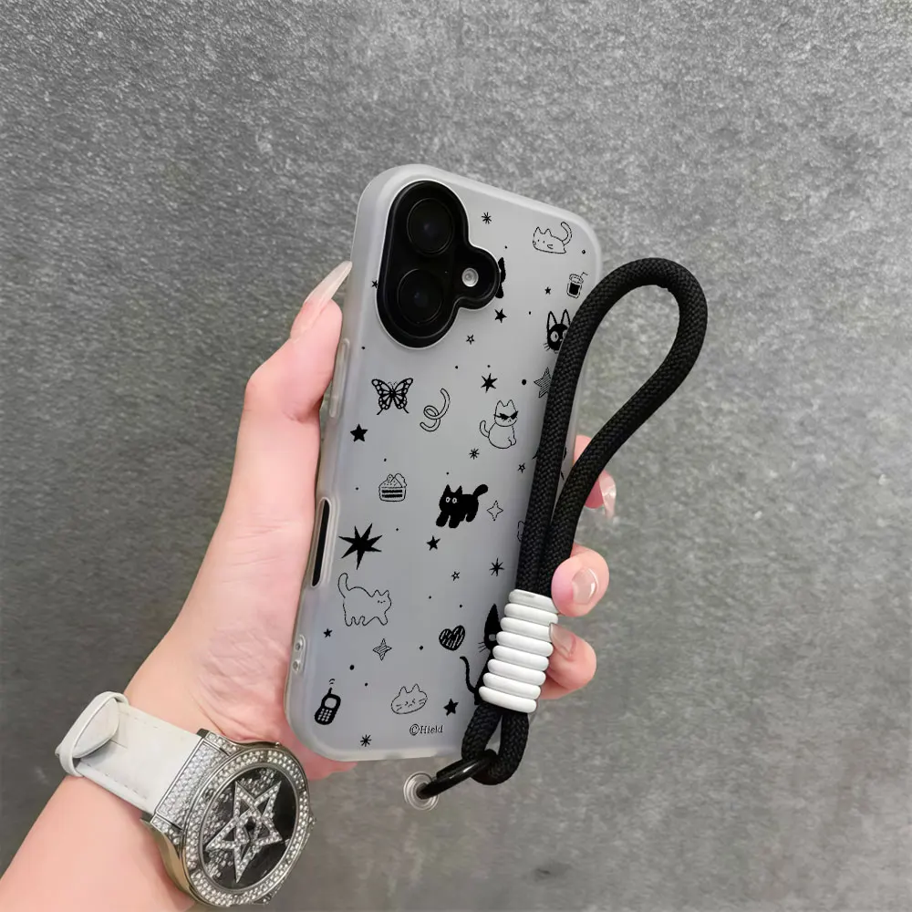 Coque de téléphone avec lanière et dragonne motif Chat, Étoile, Papillon, Nœud pour iPhone 17 16 12 14 11 15 13 Pro Max Air X XS 16 15 14 8 Plus XR
