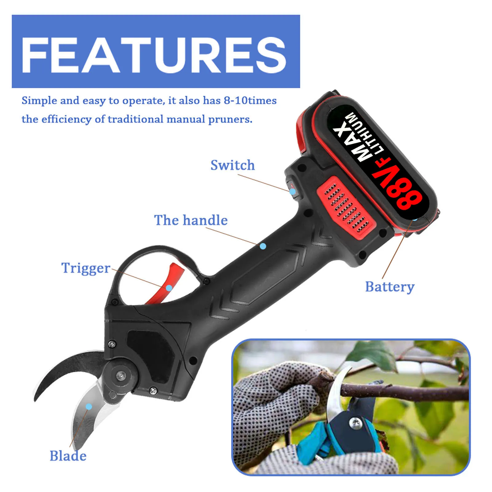 Geevorks 21V 30mm Cordless Brushless Motor 88VF Electric Pruning Shear 4in Brush Motor Cahinsaw Set Woodworking Tool Garden Tool