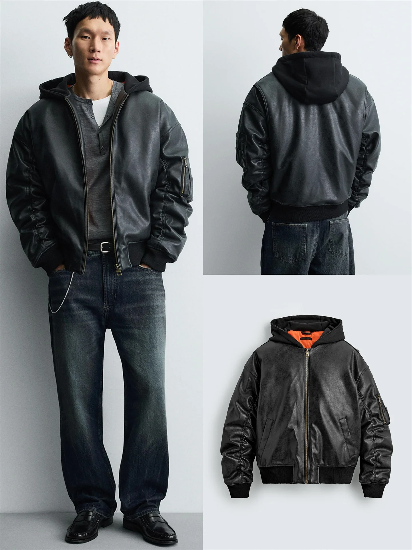 

Trendy Loose Splicing Hat Jaet Fake Leather Cotton Coat for Men Faionable Autumn Winter New Arrival Youth Active Sle