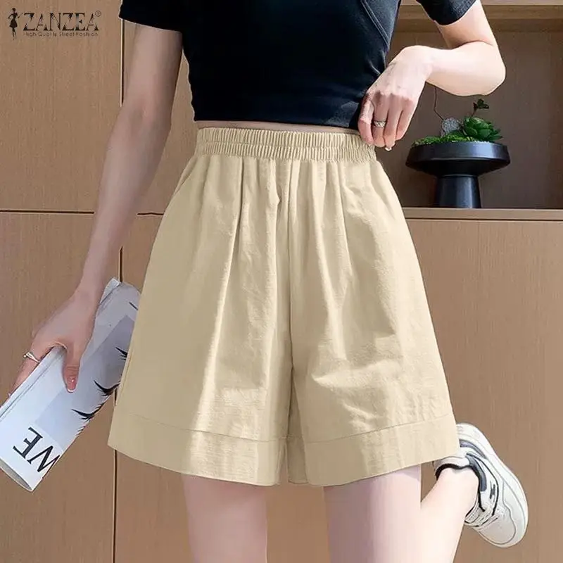 

2026 ZANZEA Женские летние шорты, повседневные брюки с эластичным поясом, однотонные, элегантные, свободные, широкие, для работы, оверсайз