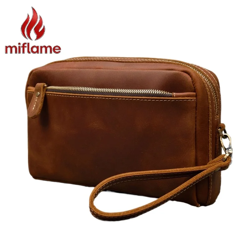 

Vintage Retro Crazy Horse Top Grain Leather Crossbody Clutch Bag Unisex Shoulder Messenger with Multiple Pockets