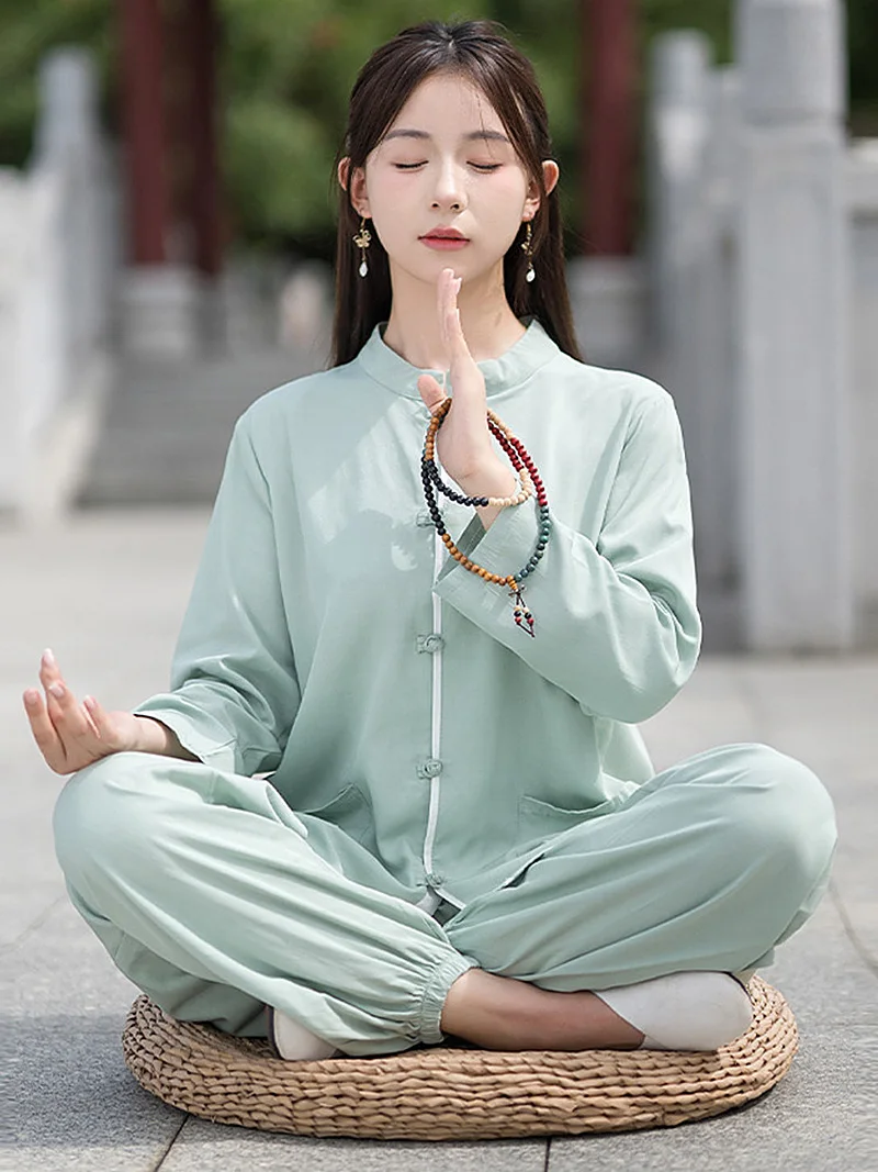 Chinese Zen Loose Buddhist Taoist Meditation Yoga Tai Chi Practice Suit - Unisex Qigong Cultivation Training 2Pcs Set