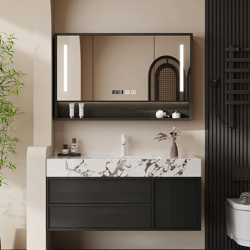 Black Bathroom Vanity with Pandora Sintered Stone Integrated Basin and Smart LED Mirror Cabinet for Home Bathroom furniture