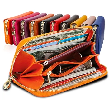 Echt lederen portemonnee voor dames Vrouwelijke RFID-blokkeerportemonnees Grote capaciteit Reisrits Damesportemonnee Dames lange telefoonportemonnees