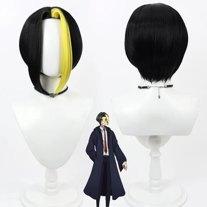 Anime Mashle: Magic and Muscles Finn Ames Cosplay Wig Short Black Yellow Middle Part Synthetic Hair Anime Magic Muscles Role