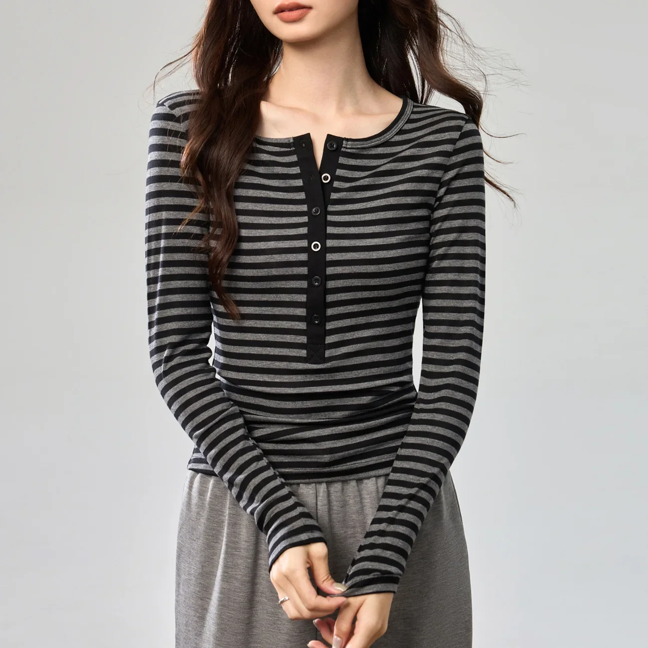Women Black Grey Striped Henley Long Sleeve T Shirt Button Placket Slimming Daily Wear Basic Top Female Tee