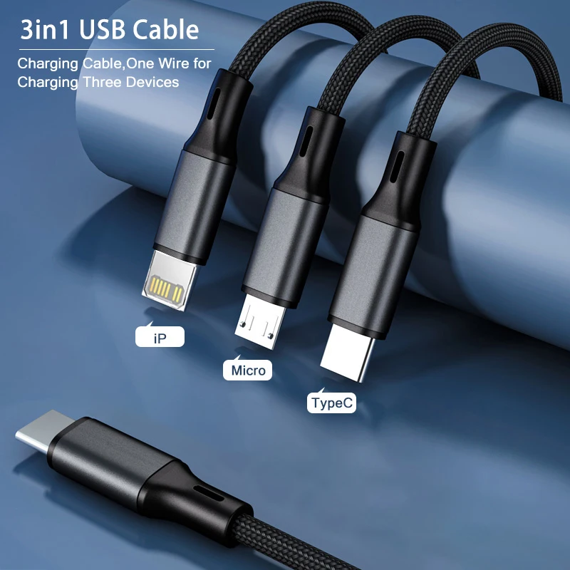 3 in 1 USB C To Micro USB Type C PD Cable For iPhone 14 13 Xiaomi Huawei Honor Mobile Phone Nylon Cord Multi Plug Charging Wire