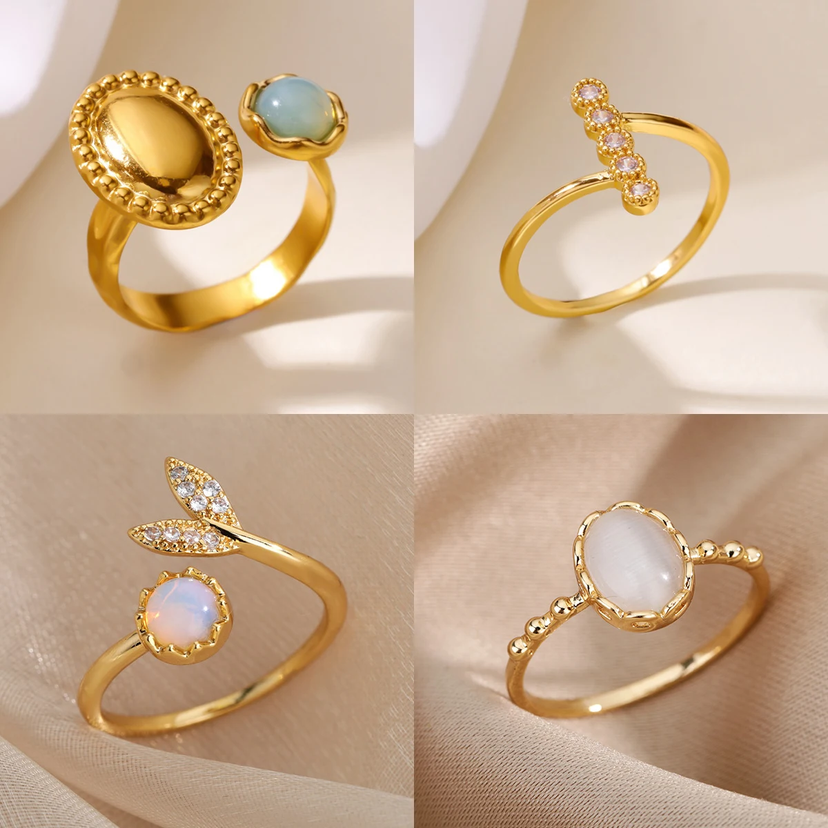 

Luxury Opal Zircon Sun Rings For Women Girls Stainless Steel Gold Color Open Ring 2025 New Fashion Wedding Couple Jewelry Gift