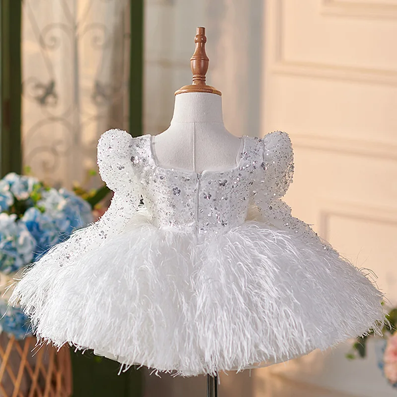 Girls White Feather Princess Dress 2026 New Super Fairy Sequins Tassel Ponte Veil Dress Children's Foreign Trade Dress