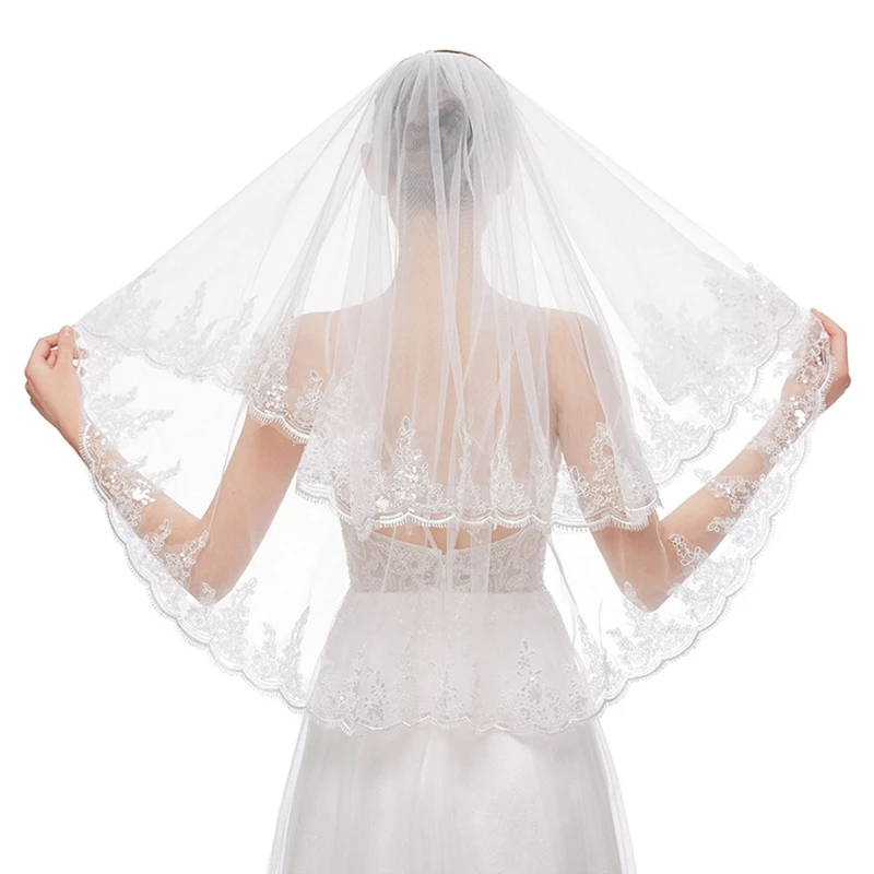 Bridal Veil with Comb Elbow Length Illusion Tulle with Sequins Lace Trim 2 Tiers