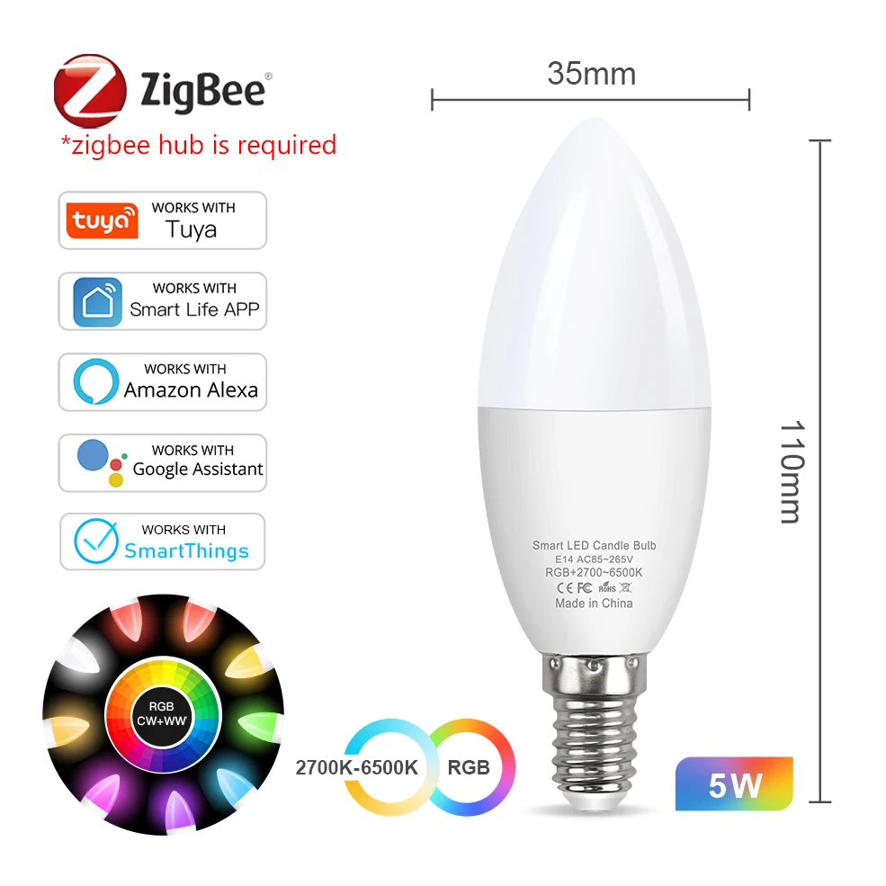 Tuya E14 Smart ZigBee 3,0 WiFi Kerze Glühbirne AC85-265V LED Licht Kronleuchter Lampe Schlafzimmer Lampe Smart Leben Alexa Google hause
