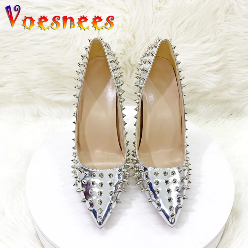 Women New Rivet High Heels 12CM Fashion Pointed Toe Party Single Shoes Europe And America Club Stage Pumps Silver Plus Size 43