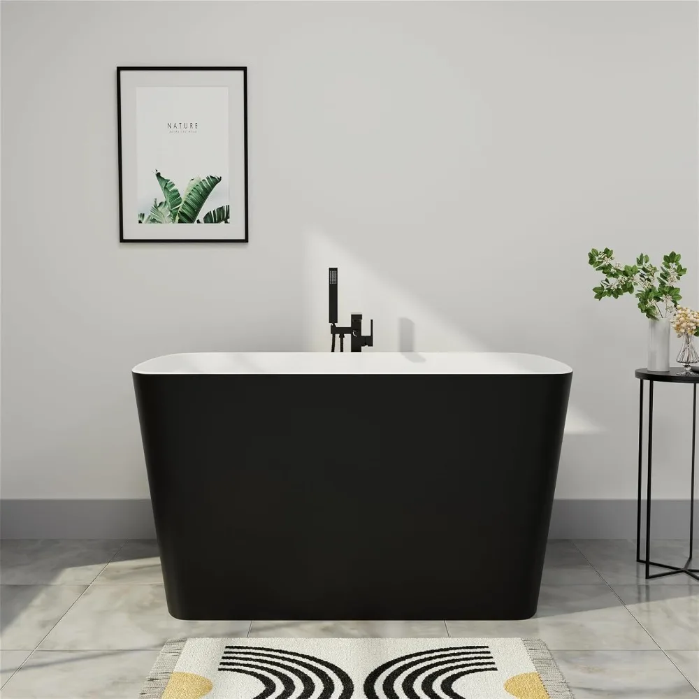 Acrylic Freestanding Bathtub，Square Shape Soaking Tub with Seat Desgin,Toe-tap Chrome Right Drain, Slotted Overflow,Matte Black