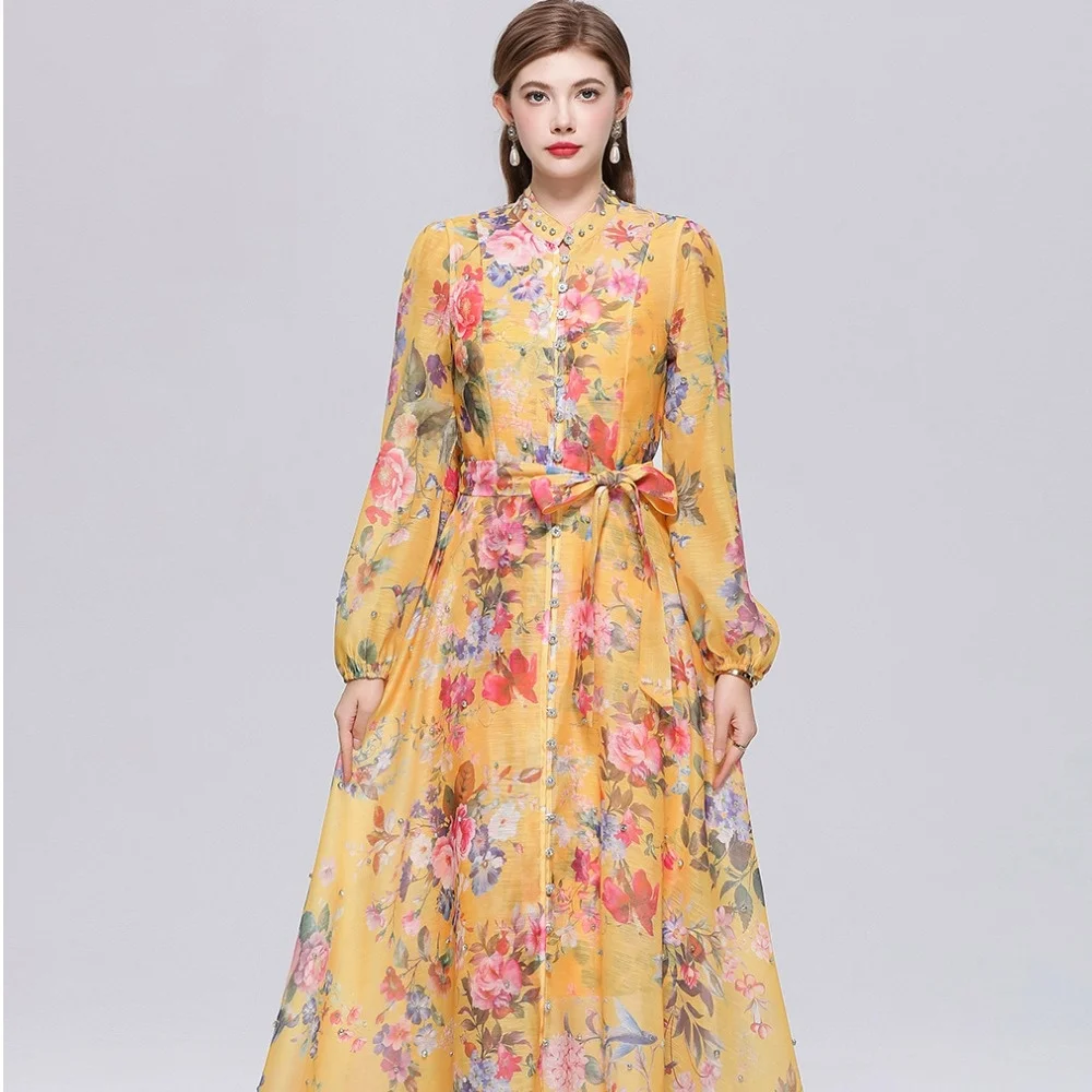 

Элегантное макси-платье с принтом, длинными рукавами, воротником-стойкой, А-силуэтом, завышенной талией, во французском стиле, повседневное, из полиэстера