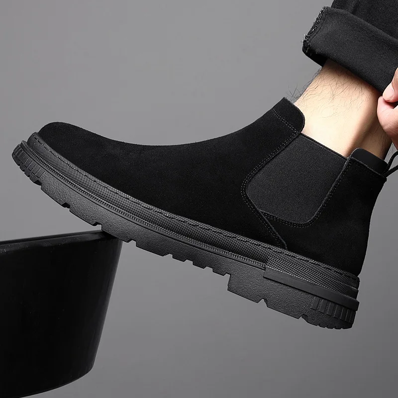 أحذية رجالية كاجوال من جلد البقر المدبوغ سهلة الارتداء للخريف والشتاء أحذية سوداء أنيقة كاوبوي منصة التمهيد مكتب الأعمال الكاحل بوتاس