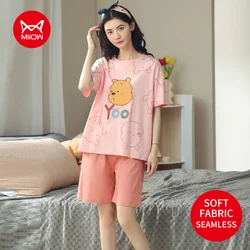 MIIOW Cotton Sleepwear Woman 2 Pieces Set Cute Cartoon Print Women's Pajamas Home Comfort Short Sleeve and Shorts Night Wears