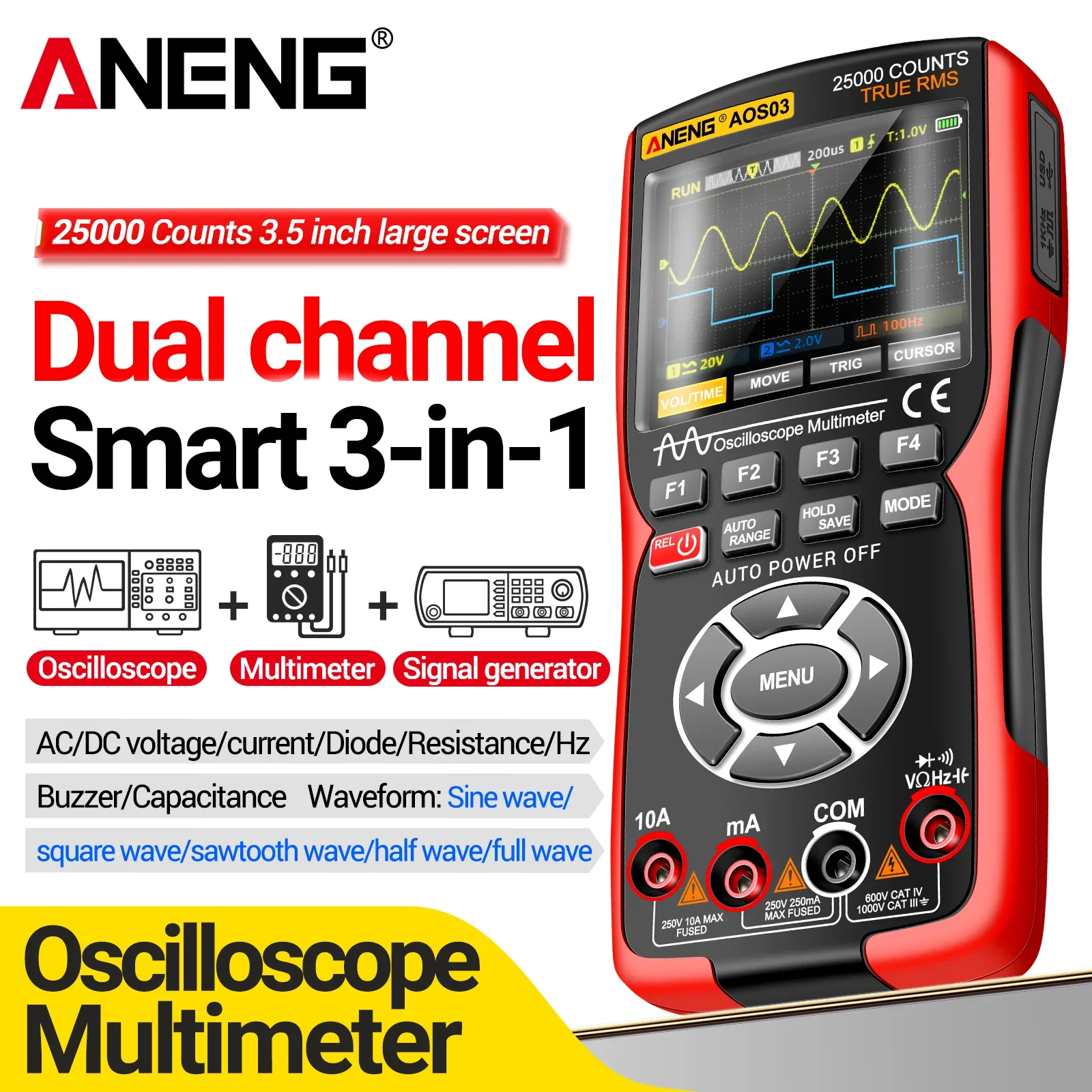 ANENG AOS03 oscilloscope multimeter signal generator 3-in-1 25000 counting true RMS signal generator lithium charging instrument