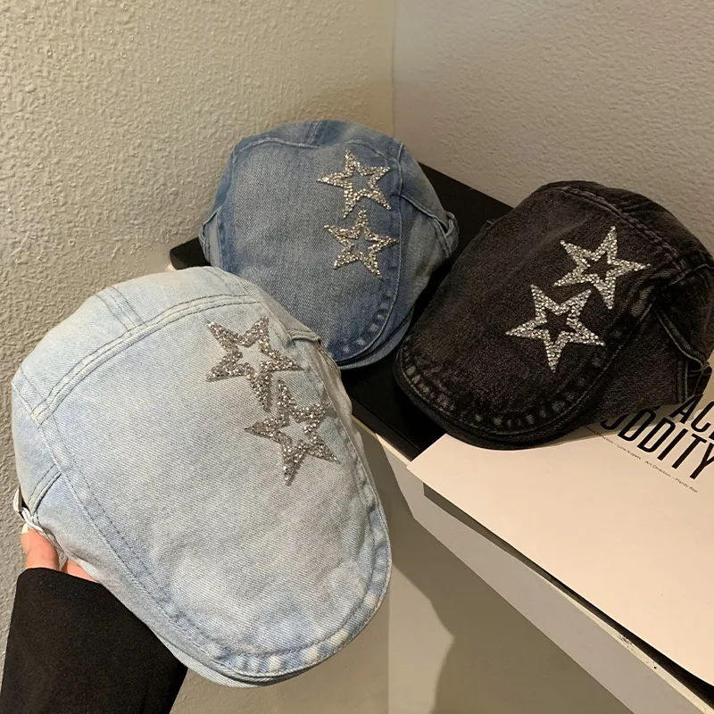 

1 Pcs Washed Old Star Cowboy Forward Hat Women's Spring And Autumn Style Japanese Retro Reverse Beret Versatile Newsboy Hat