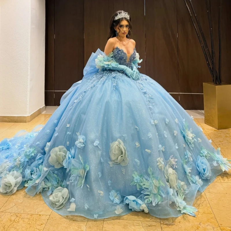 

Sky Blue Shiny Quinceanera Dresses Off The Shoulder Applique Flwoer Beads Bow Tull Party Birthday Sweet 16 Dress Vestidos 15