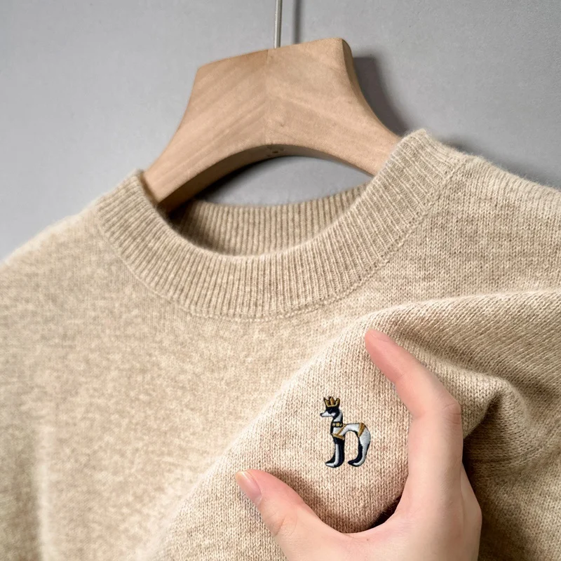 

Exquisite Dog Embroid Men's O-Neck Knitted Sweater Luxury Quality Solid Color Thicken Base Layer Winter Fashion Commute Menswear