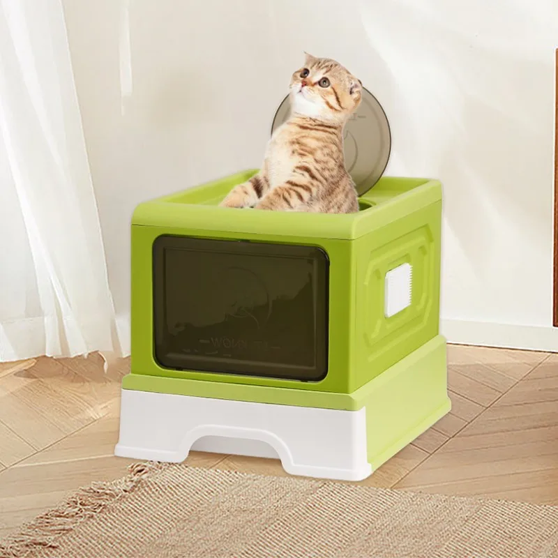 Large Litter Box for Cats Tray Pet Sandbox Top Entry With Lid Foldable Enclosed Kitty Toilet Plastic Cat Bedpan Anti-Splash