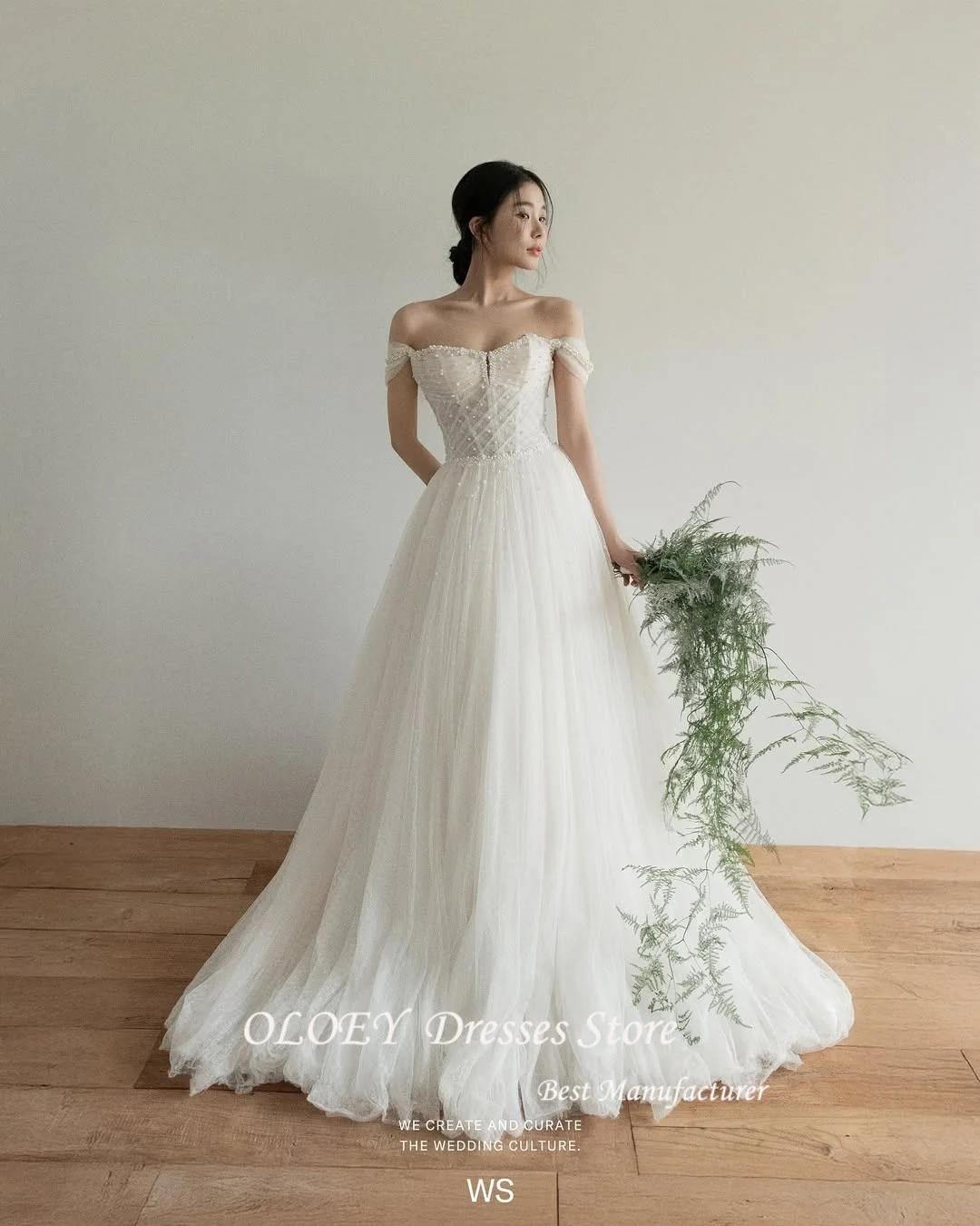 OLOEY Classic 웨딩드레스 Off Shoulder A-line Korea Wedding Dresses Beaded Pearl Tulle Pleat Corset Bridal Gowns Customized
