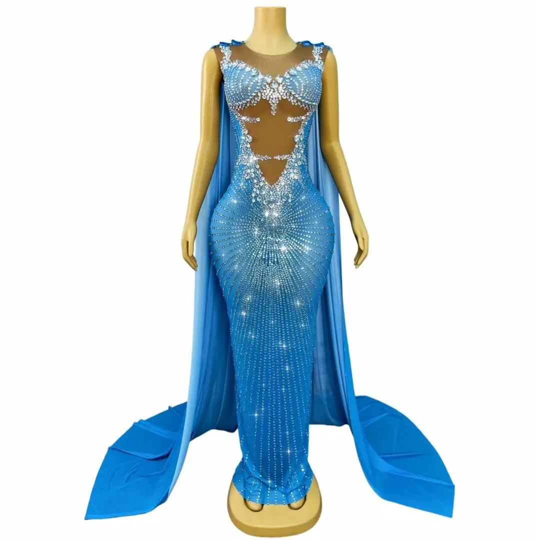 

Chijin Elegant Blue Rhinestone Sheer Mesh Cutout Cape Mermaid Maxi Dress Formal Evening Prom Party Gown for Women