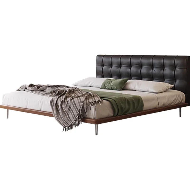 

Waffle retro leather bed, master bedroom first layer cowhide medium ancient style, solid wood double, black flush edge master be