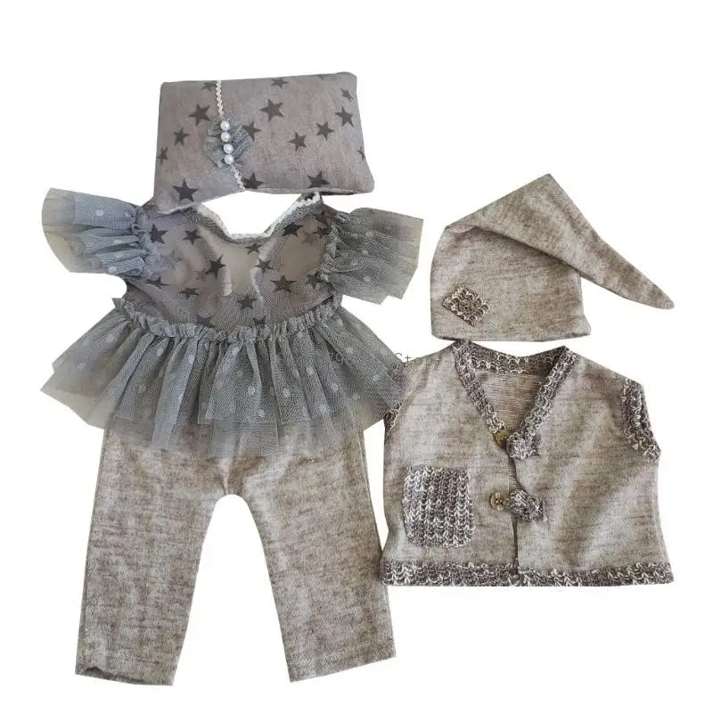  Infant Photograph Headdress Hat Lace Outfit Newborn Photo Clothes Baby Photoshoot Posing Pillow Newborn Shower Gift 6PCS