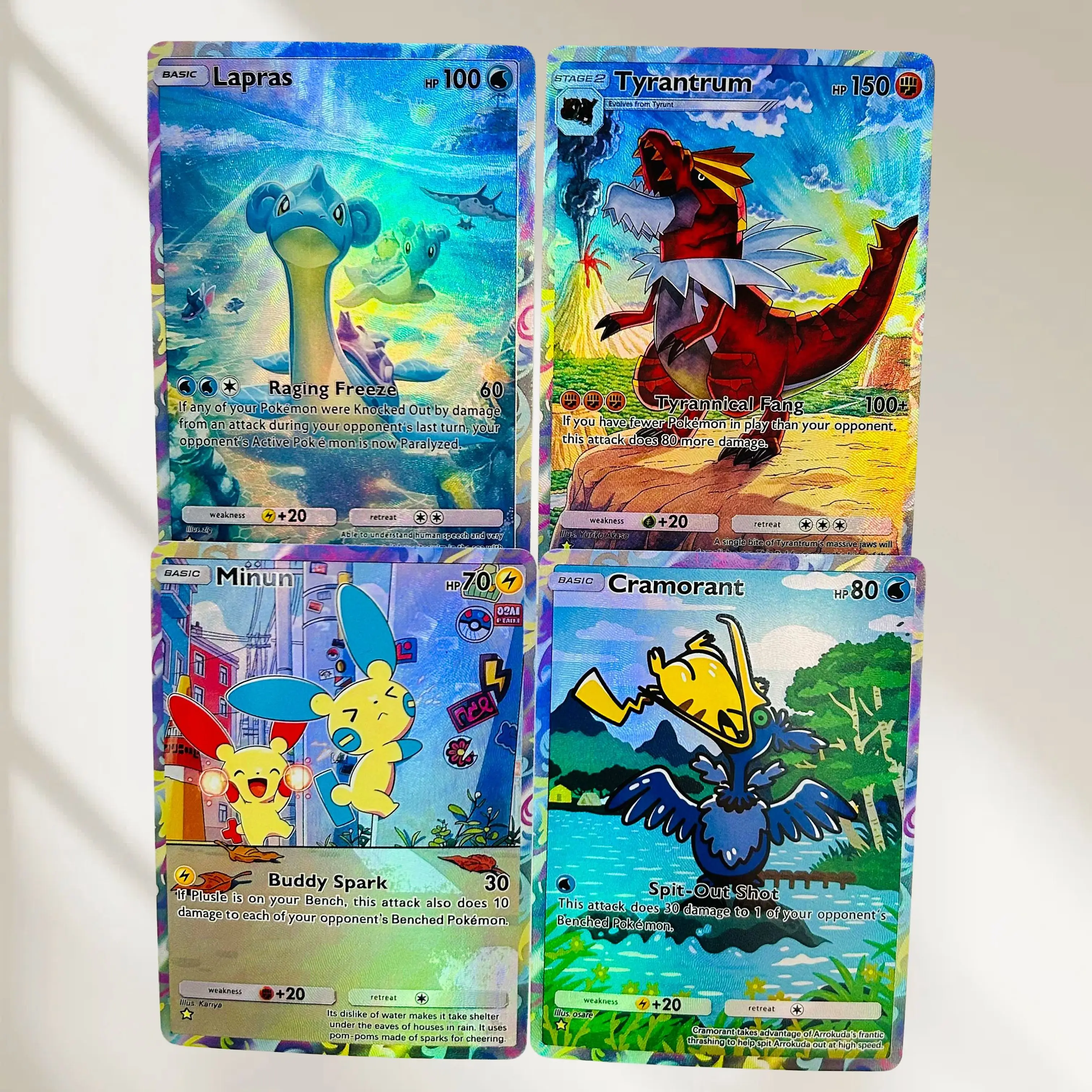 DIY Pokemon 4Pcs Lapras Tyrantrum Minun Cramorant Holographic Texture Cards EN Perfect Condition Classic Anime Collectible TCG