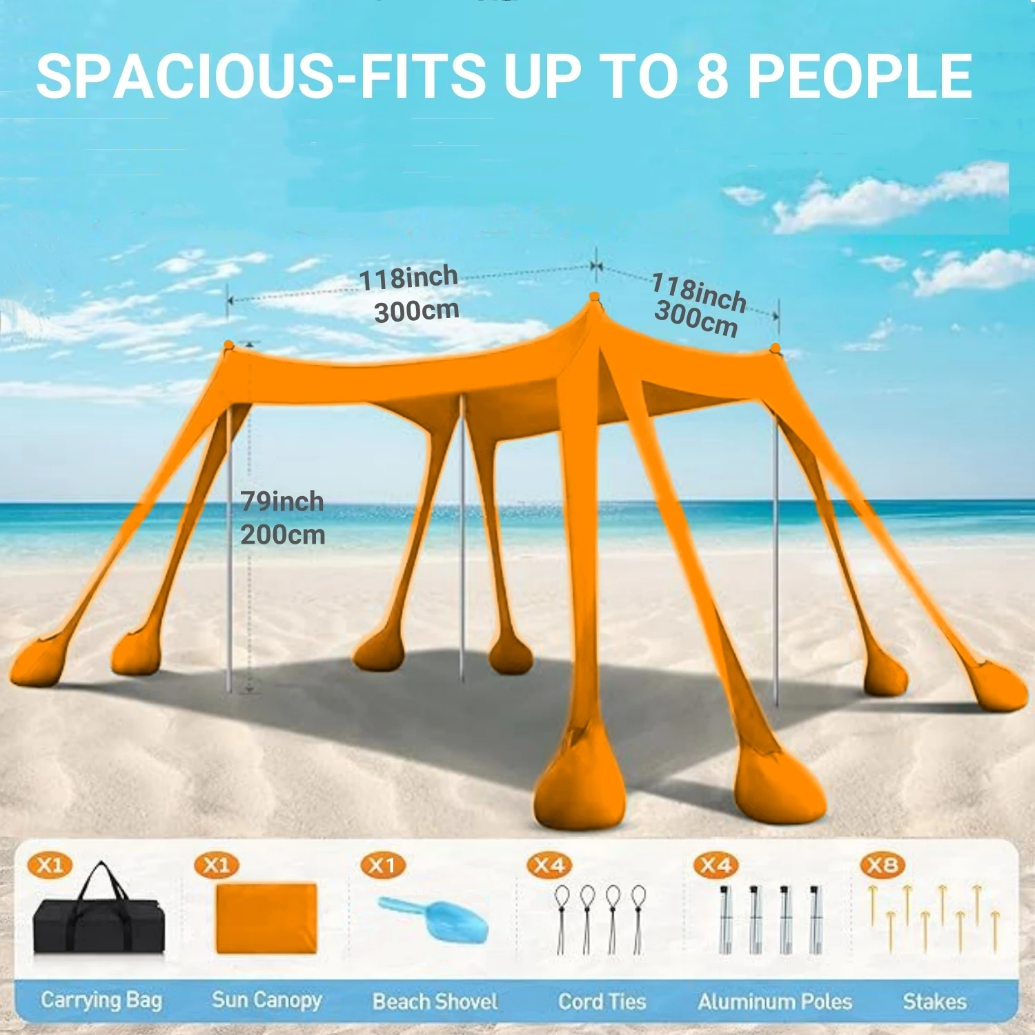 Beach Tent Canopy, Shade 300x300cm, Sun Shelter UPF50+ with 8 Sandbags-4 Aluminum Poles-for Outdoor Camping Fish Backyard Picnic