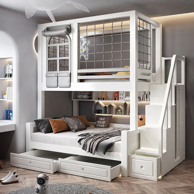 All-solid wood two-tier kids bunk bed, double-decker bed, loft bed, parent-child bed with slide and high guardrail for girls