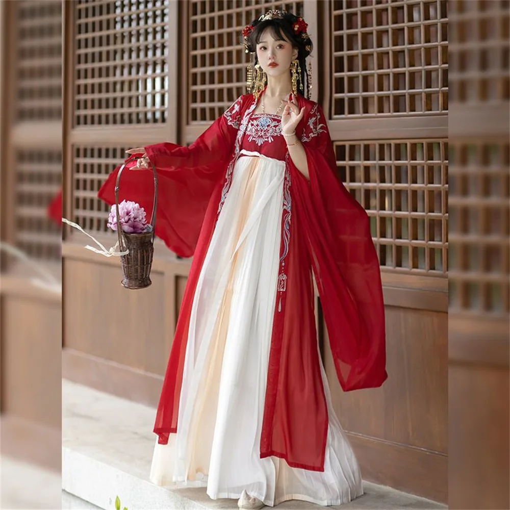 Red women's Hanfu traditional Chinese style chiffon high quality embroidery big sleeve shirt Tang Dynasty daily summer