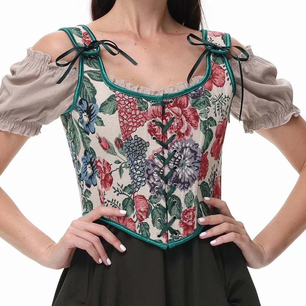 

Женский зеленый корсет с цветочным принтом, топы, жилет, винтажный викторианский боковой молния, бюстье на шнуровке, нижнее белье, готический корсет в стиле стимпанк