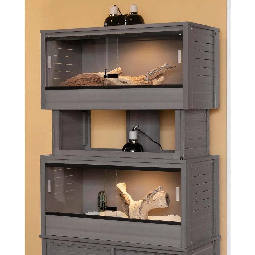 

Два средних террариума для рептилий с подставкой-шкафом для хранения, серый цвет