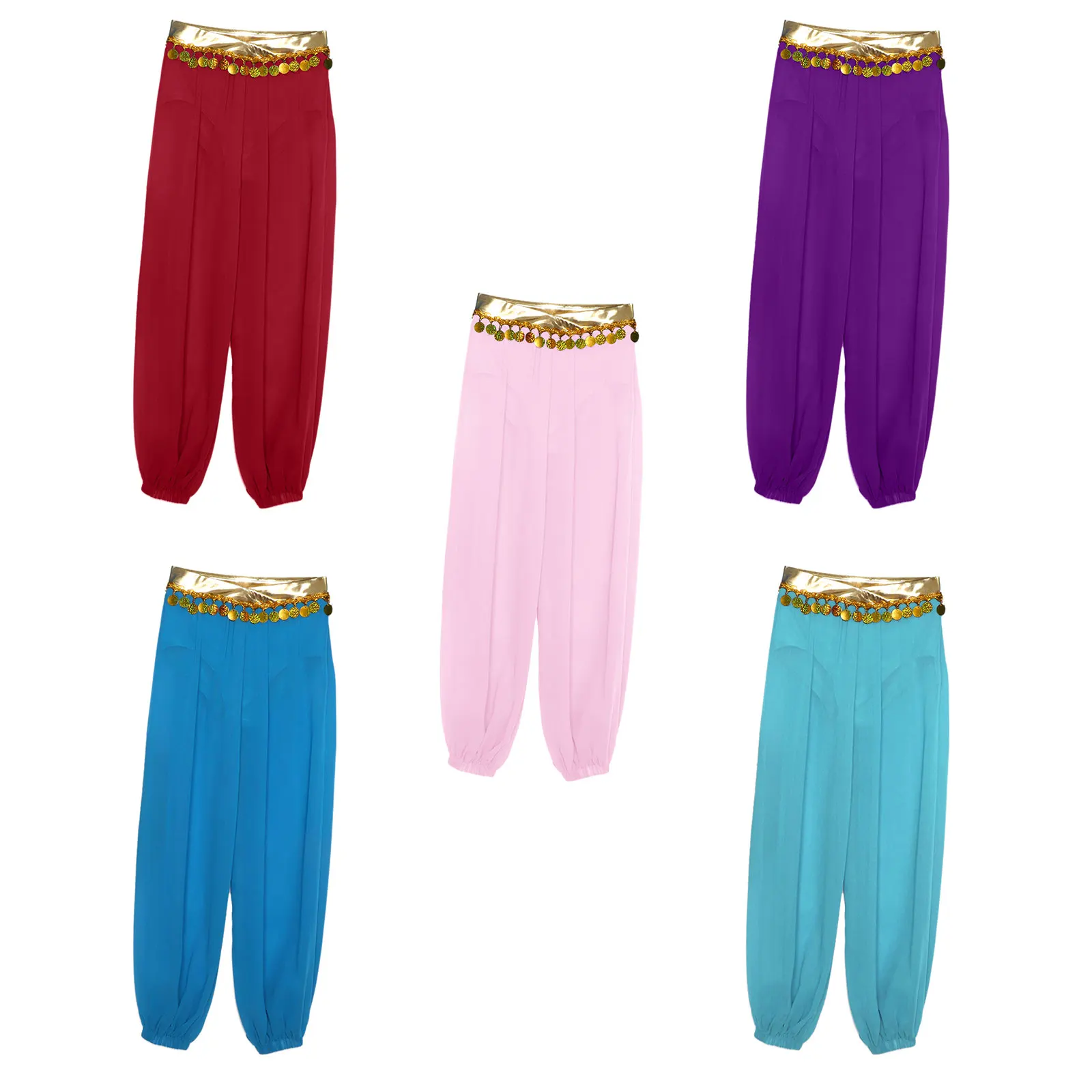 Kids Girls Belly Dance Pants Stage Costume Patchwork Sequin Tassels Pants Built-In Briefs for Belly Dance Theme Party Masquerade