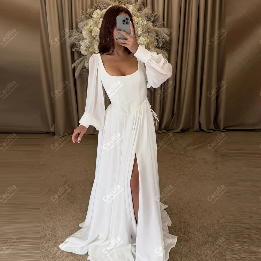 Robes De mariée simples Robes De mariée gracieuses manches longues bouffantes Robes col carré Sexy haute fente personnalisé robes De Novia