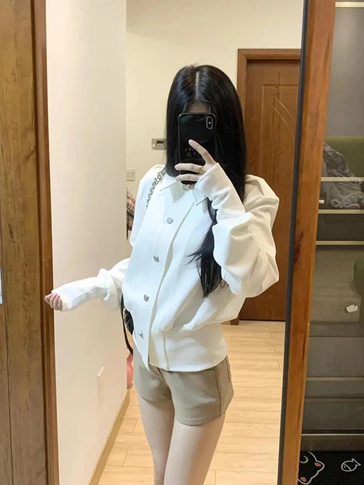 White Vintage Cropped Jacket Women Streetwear Slim Fit Button Long Sleeve Coats Harajuku Hottie Japanese Casual Female Outwear