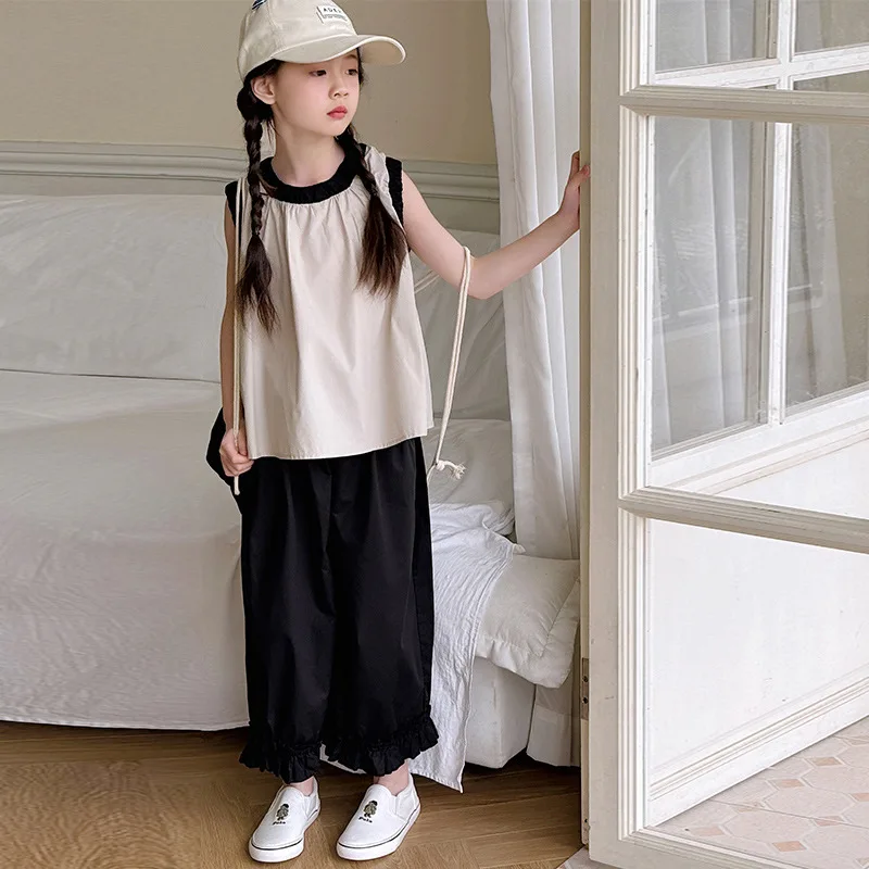 

Girls Two-piece Set 2024 Summer New Korean Style Childrens Wear Cuomo Children Sleeveless Top Girls Fashion Wide Leg Pants