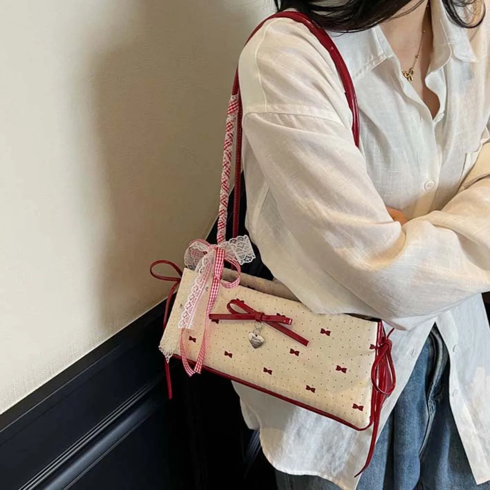 

High Quality Sweet French Stick Handbag Contrast Color Large Capacity Bow PU Shoulder Bag Waterproof Texture Underarm Bags Girls
