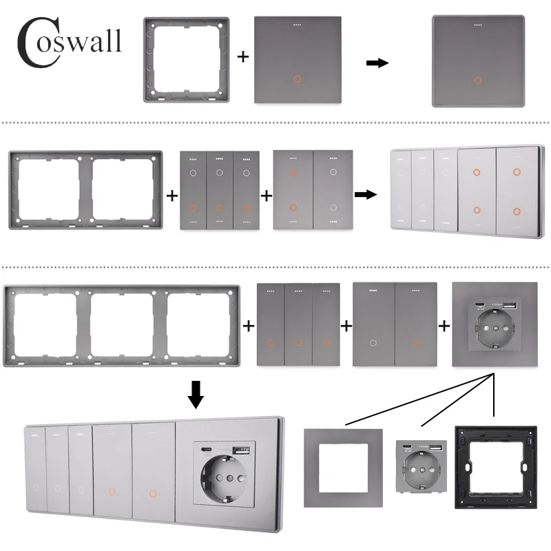 COSWALL Zigbee Tuya On / Off Switch & Scene Switch Yandex, Matte Grey Panel,Universal Socket USB Fast Charger TV Data Module DIY