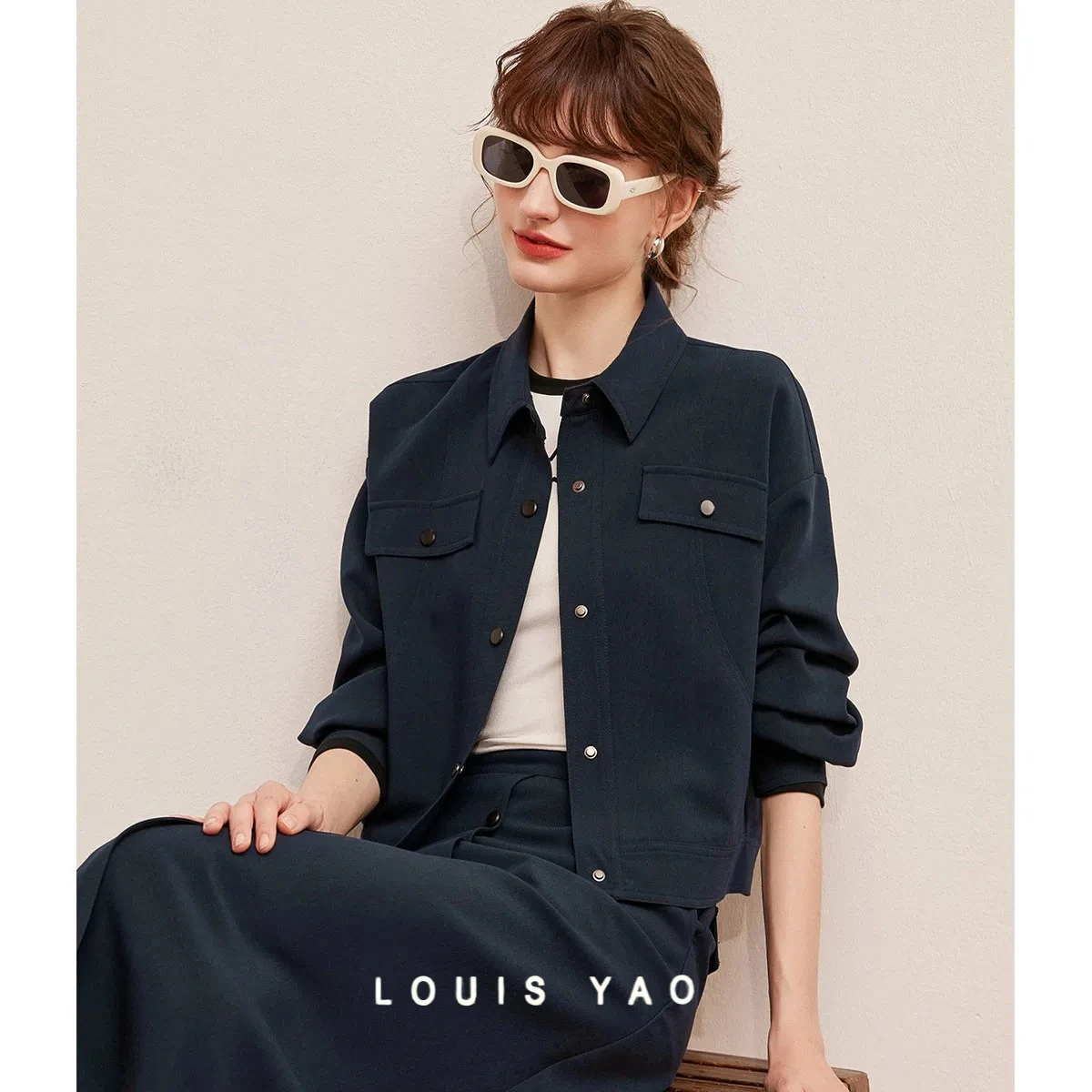 LOUIS YAO Turn-down Collar Women's Coat 2025 Spring/Autumn Drop-shoulder Tops Workwear Style Decorative Flap Pocket Jackets