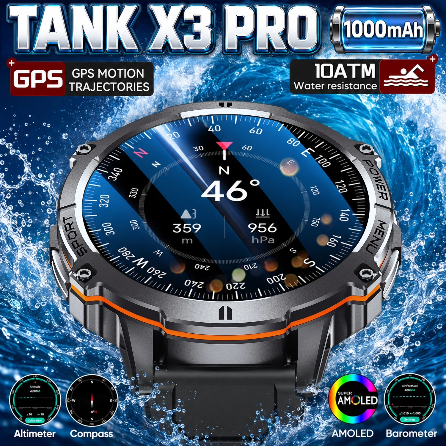 Herren Militär TANK X3 PRO Smartwatch 1,73" AMOLED Kompass HD-Anruf 10ATM Wasserdicht GPS Sport-Smartwatch für Männer IOS Android 2026